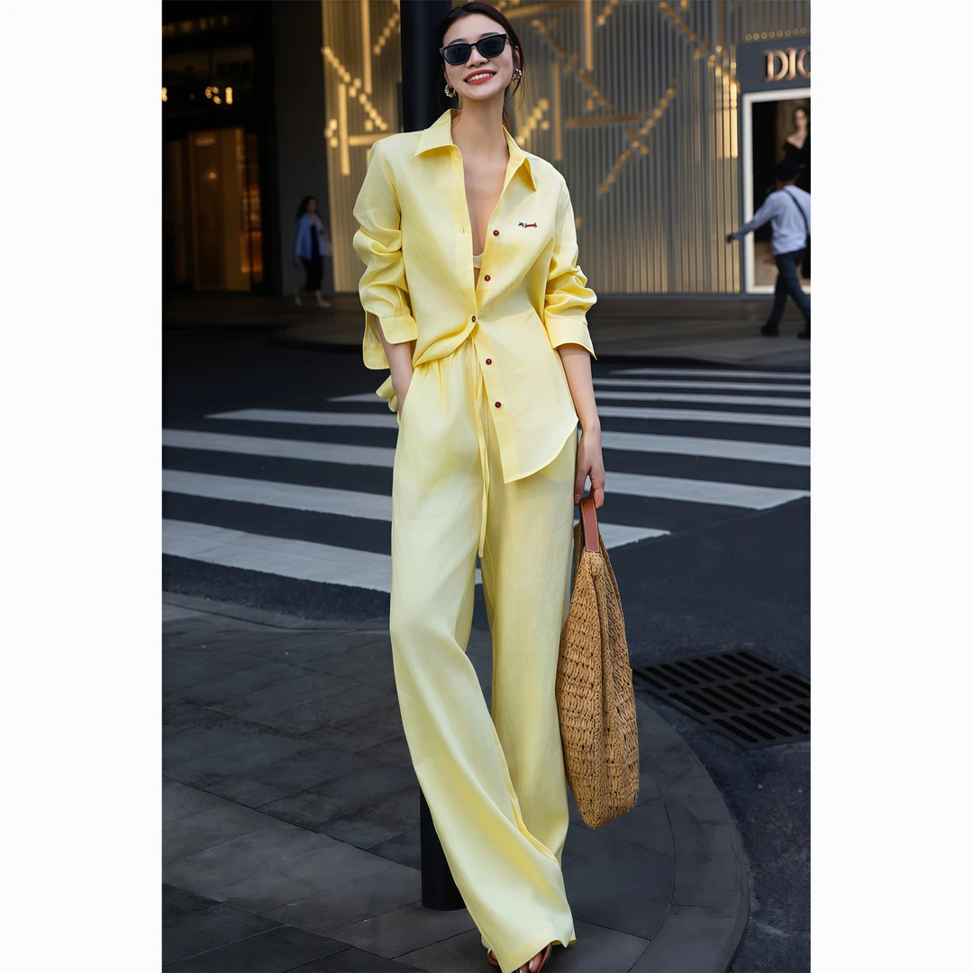 ZEROYK简约松弛感亚麻衬衫套装女夏季宽松刺绣防晒衬衣长裤两件套