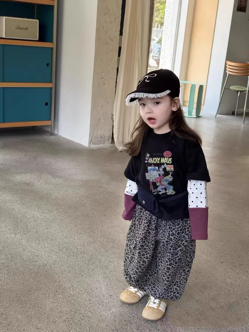 女童2025秋季新款韩版卡通印花假两件T恤儿童洋气百搭上衣豹纹裤