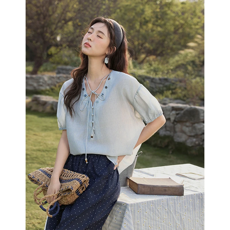 【金拐子专属】谜秀晕染撞色纽扣泡泡袖衬衫上衣MXE33X1743