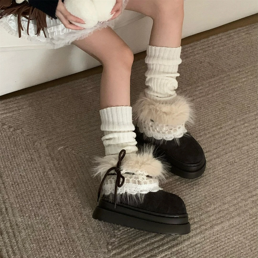 增高厚底加绒冬季费尔岛毛毛雪地靴防滑舒适女士复古风短靴子棉鞋