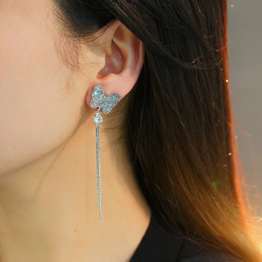 铜合金耳饰 高级感蓝色水晶蝴蝶耳环轻奢大气小众长款耳饰N2406
