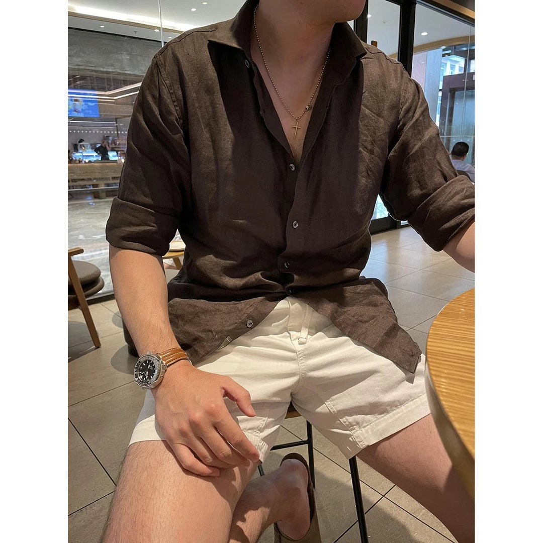 咖啡色亚麻色织长袖衬衫男老钱风慵懒松弛感上衣通勤透气棉麻衬衣