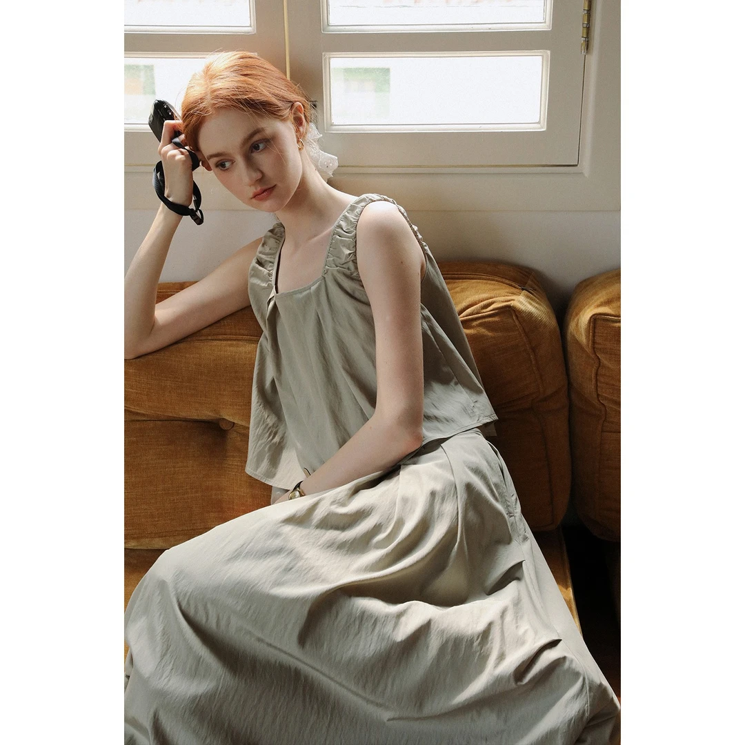 MELLIIY 2025年夏新款方领无袖衬衫高腰系带半身裙两件套13248181