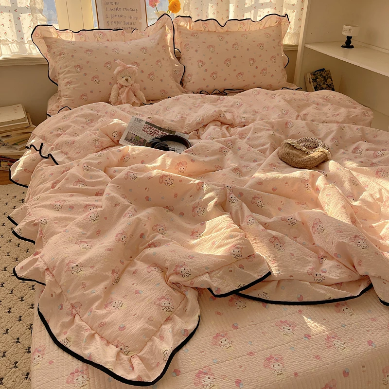 粉系韩式花边款夏凉被非全纯棉水洗棉夏被宿舍床盖四件套床上用品