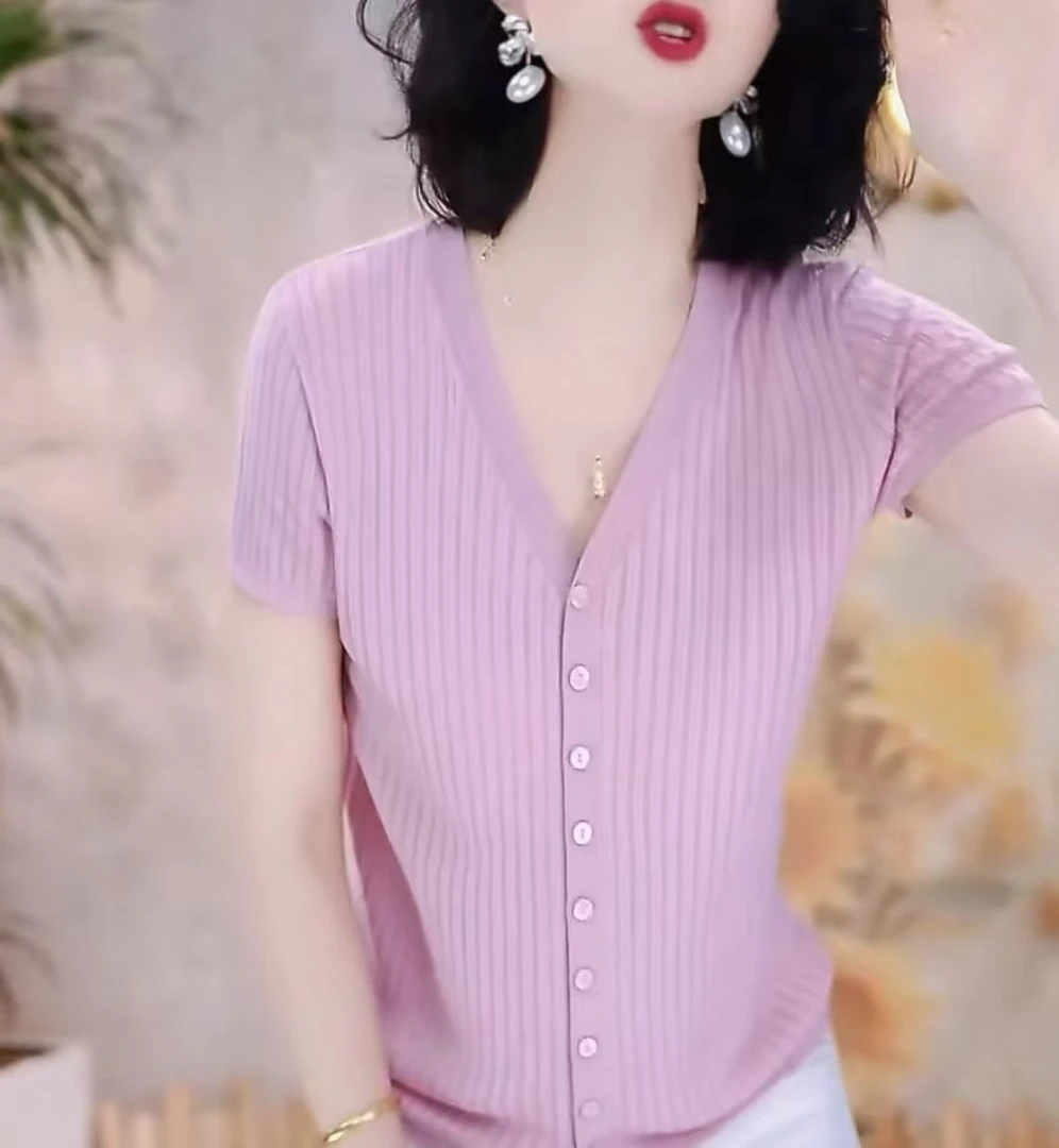 【986主播推荐】2025短袖休闲v领女生百搭经典气质显瘦新款时尚修身