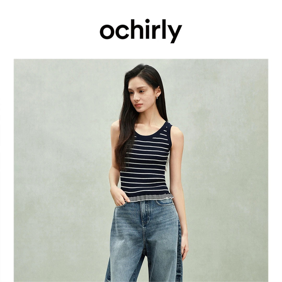 OCHIRLY欧时力 100%羊毛条纹毛织背心女上衣荷叶修身2025春季新品