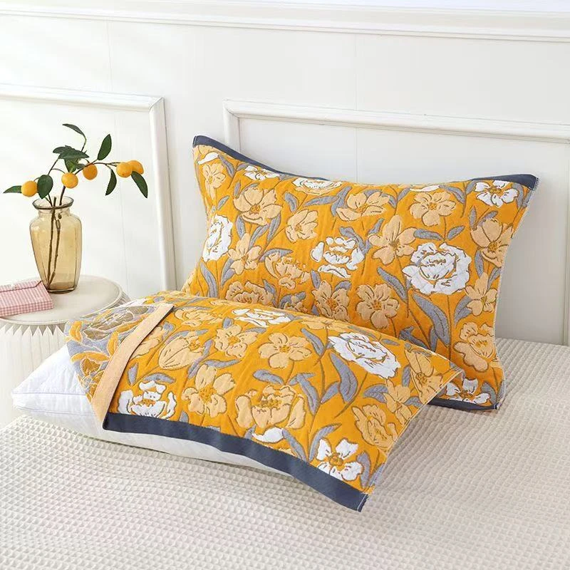 繁花黄色枕巾一对加大加厚纱布棉大号枕巾透气吸汗隔脏不起球情侣