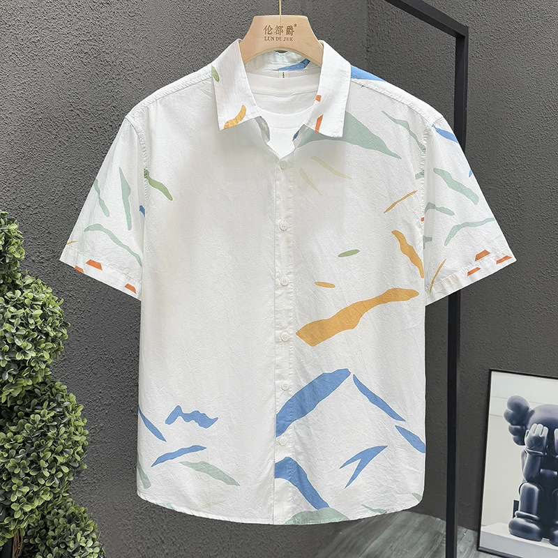 轻奢潮流个性衬衫夏季男装印染纯棉短袖时尚印花上衣休闲帅气衬衣