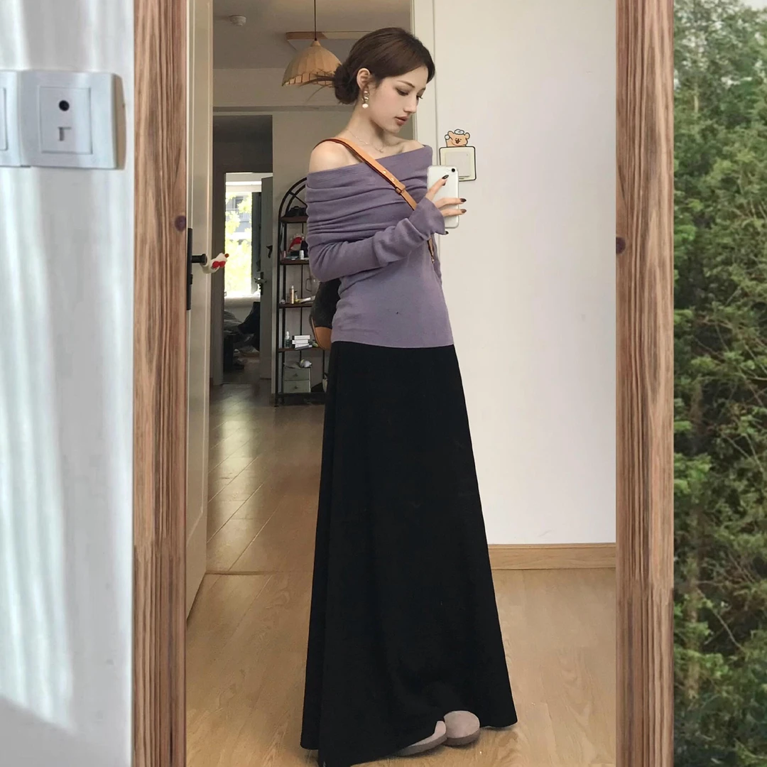 紫色一字肩连衣裙子女早秋季2025新款韩系小个子穿搭套装长裙7175