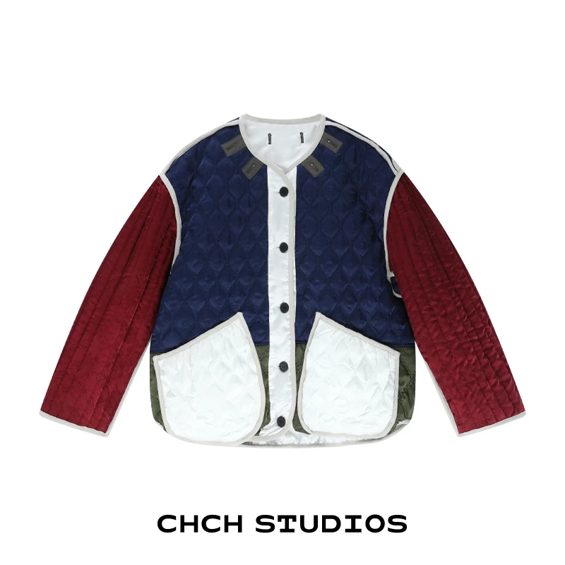 RAWT124053时尚设计感宽松显瘦棉服女2025年冬季撞色长袖拼接外套