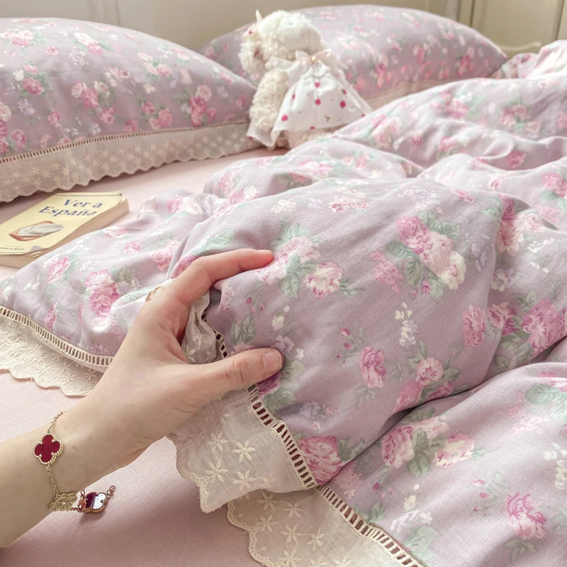 100%纯棉双层纱棉四件套全棉碎花法式复古床品公主风床单蕾丝花边