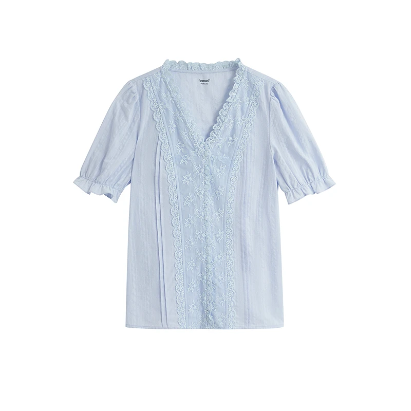 茵曼春夏季季法式时尚花边V领短袖衬衫休闲百搭舒适衬衣女