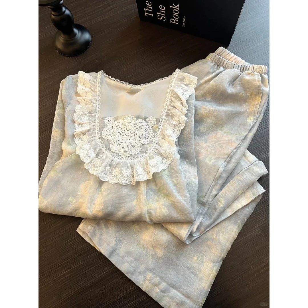法式少女宫廷风蕾丝花边长袖睡衣女春秋新款高级感甜美家居服套装