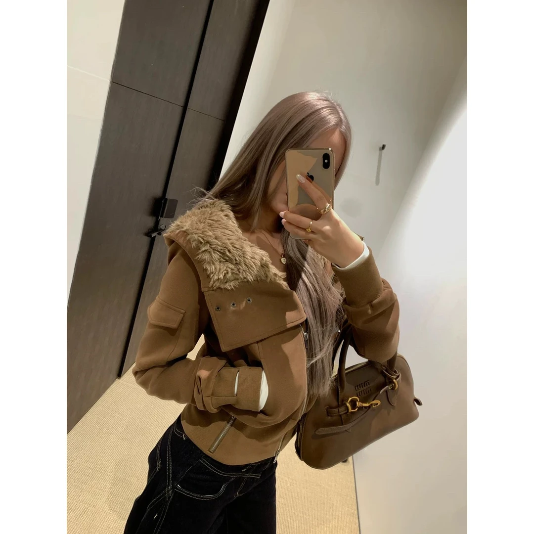 气质毛领短款拉链外套时尚秋冬女韩版外套HH111