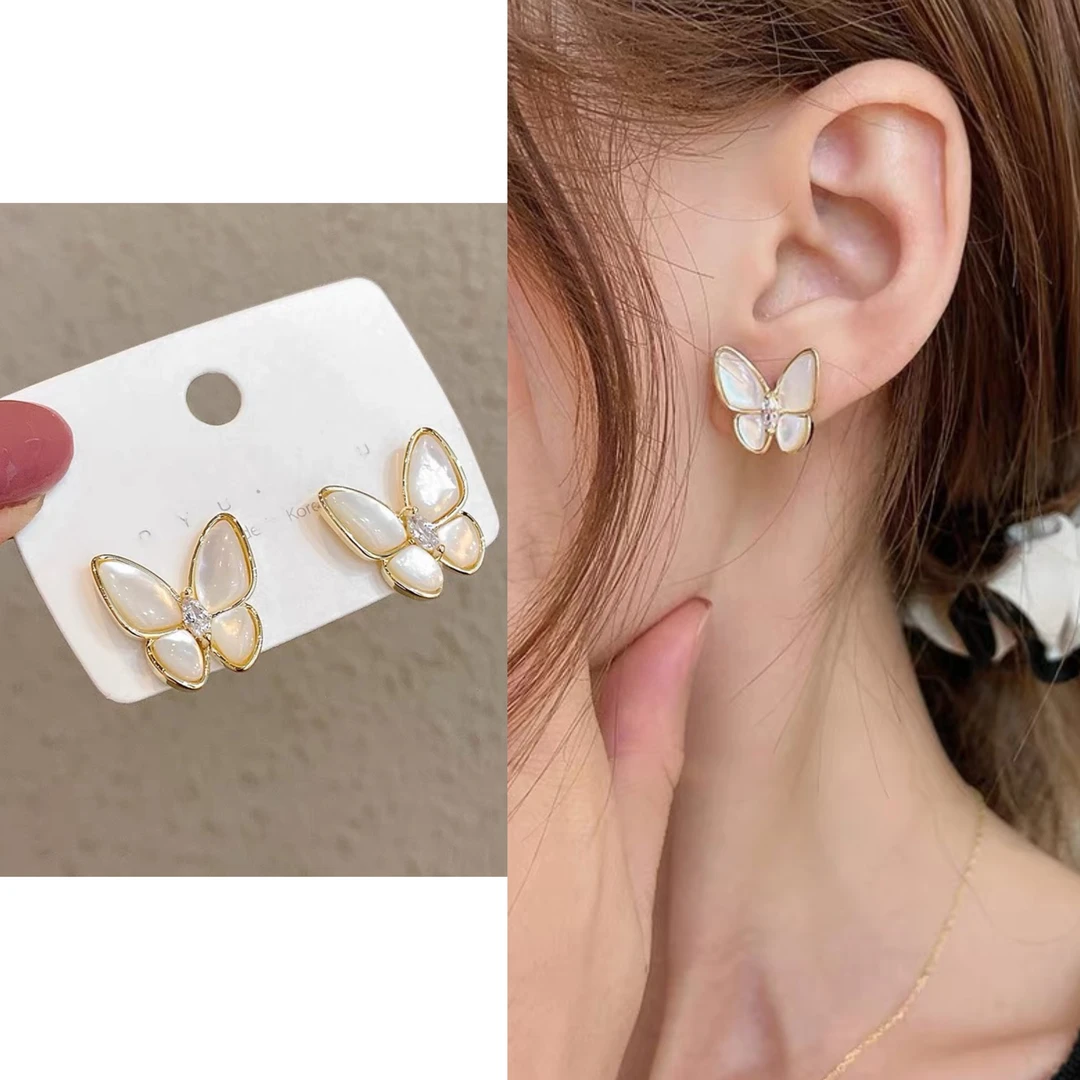 铜合金仿珍珠耳饰 2025新款爆款轻奢白贝蝴蝶耳钉