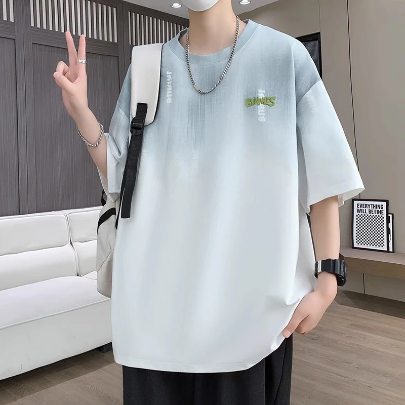 渐变冰丝凉感短袖t恤男士2025新款半袖宽松体恤衫潮牌青少年T上衣