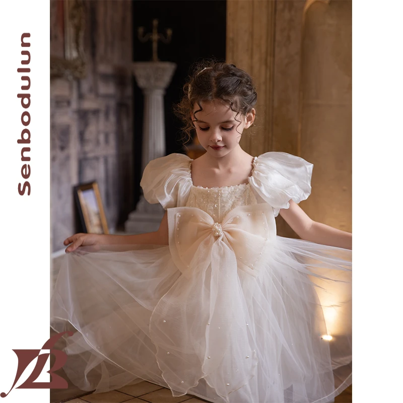 圣宝度伦女童连衣裙2025夏装新款网纱蝴蝶结儿童礼服泡泡袖公主裙