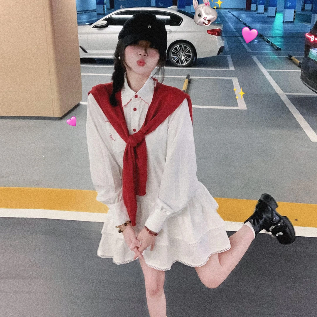 法式小个子长袖白色衬衫连衣裙2025新款早秋季遮肉a字短裙7527