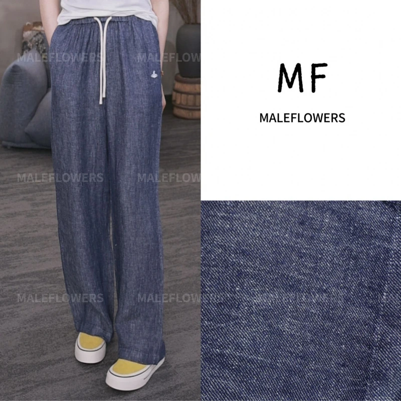 东倪MF 色织亚麻阔腿直筒裤休闲百搭刺绣松紧腰抽绳长裤 85B8221