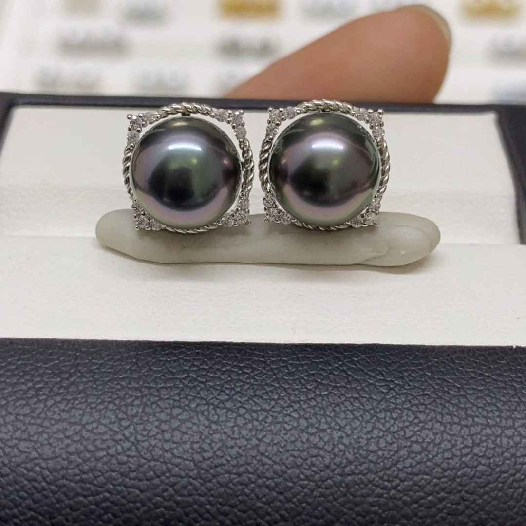 银S925镶嵌耳饰海水珍珠大溪地耳饰9-10m m