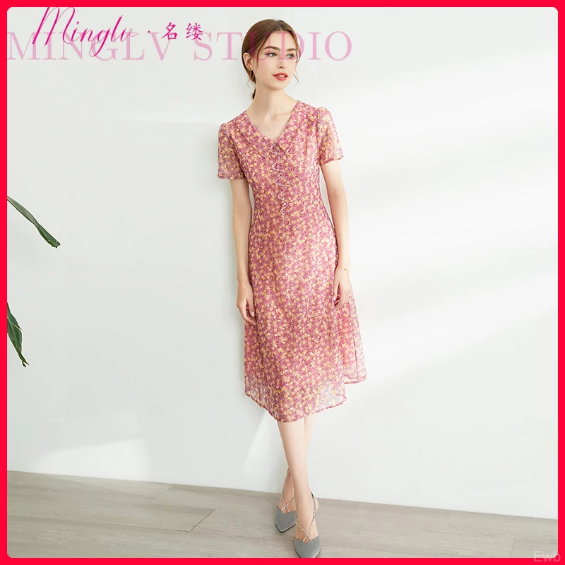 名缕新款显瘦气质减龄印花雪纺裙短袖2025连衣裙女中长款轻奢法式