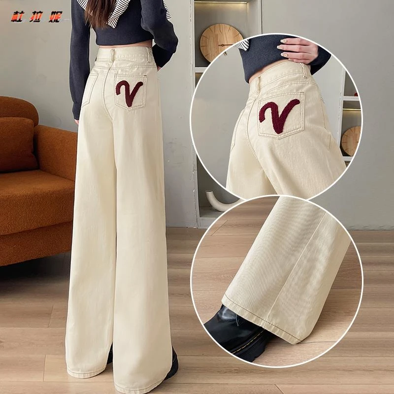 杜拉妮米白色牛仔宽裤女士2025年秋季宽版刺绣高腰杏色直筒拖地裤