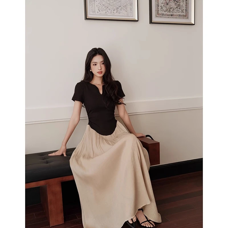 果哥家假两件连衣裙女2025夏新款收腰显瘦气质拼接长裙子