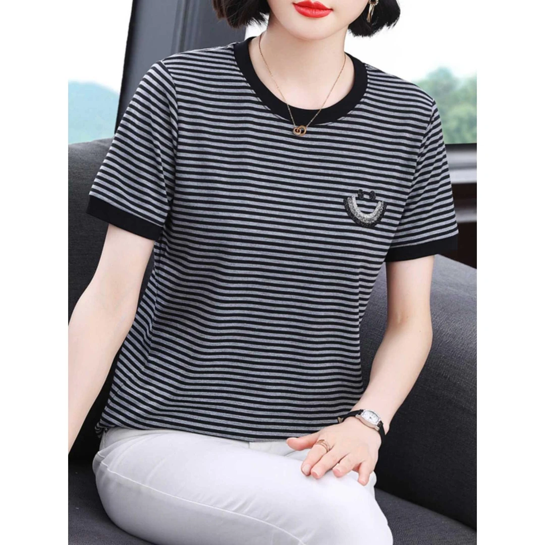 棉短袖t恤女装2025夏季新款条纹妈妈体恤衫大码胖mm宽松上衣服