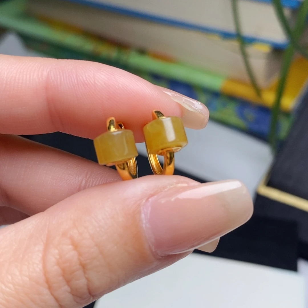 翡翠耳饰18K金镶嵌冰黄翡小桶珠