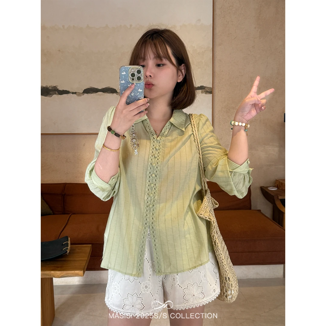 马西西大码女装度假风翻领条纹亚麻衬衫夏季胖mm宽松显瘦正肩上衣