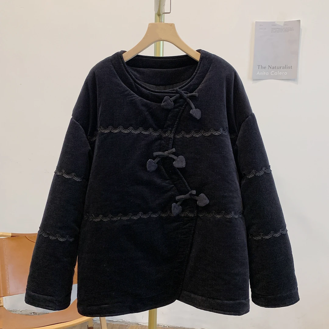 黑桃Y4161夹棉蕾丝边爱心蝴蝶结圆领棉衣