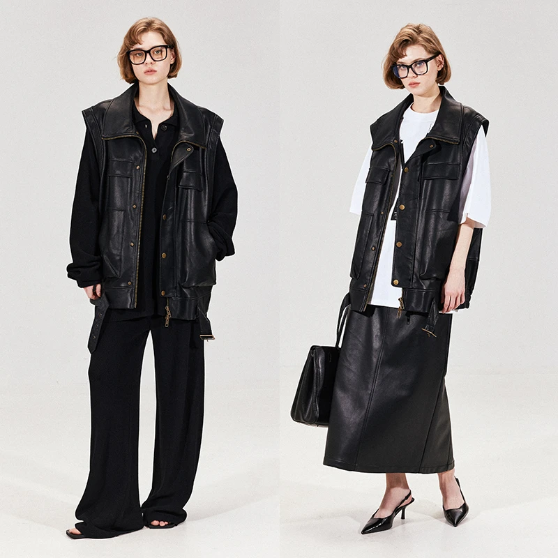 晶咕黑标JGGU【朋克灵魂】立体剪裁H版型重工廓形PU皮马甲外套