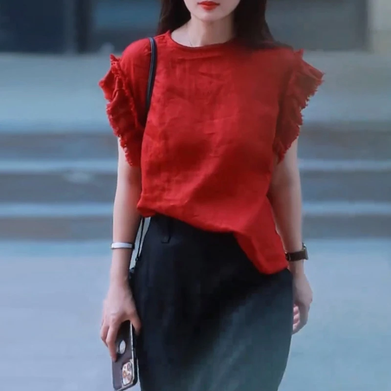 时尚洋气显瘦百搭短袖衬衫2025新款复古木耳边夏季黑色潮流上衣女