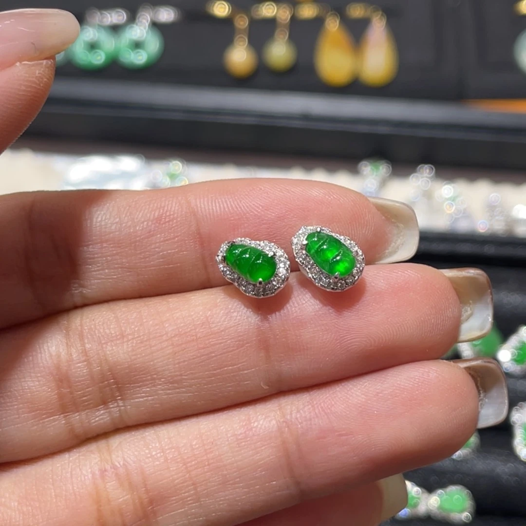 银S925镶嵌翡翠耳饰耳钉