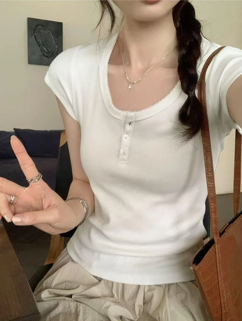 EVE 韩系别致花边圆领修身显瘦纯色短袖T恤 XQ661#