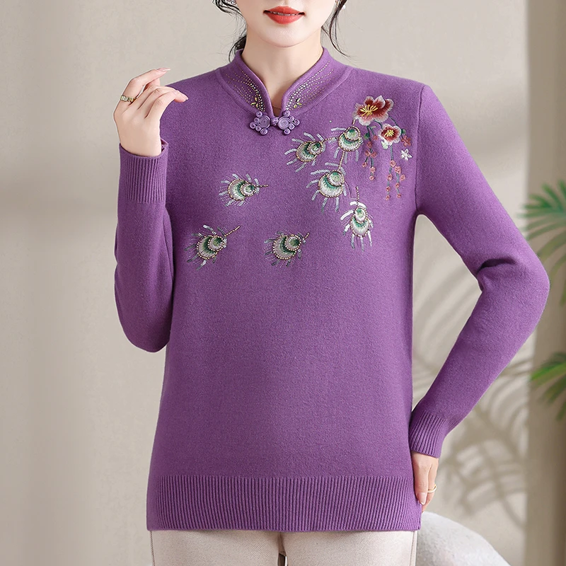 妈妈装中老年针织衫刺绣加绒加厚国风旗袍领时尚减龄毛衣婆婆穿装