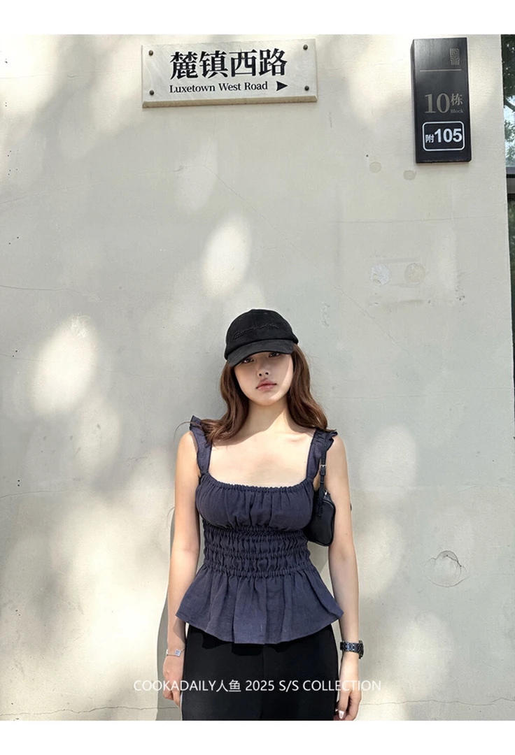 【dd】纯亚麻短袖安纳西假日小飞袖吊带上衣