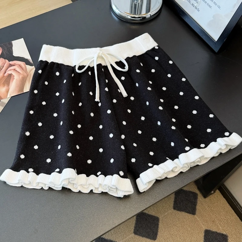 慵懒风软糯针织毛线短裤女2025复古撞色波点高腰宽松阔腿裤