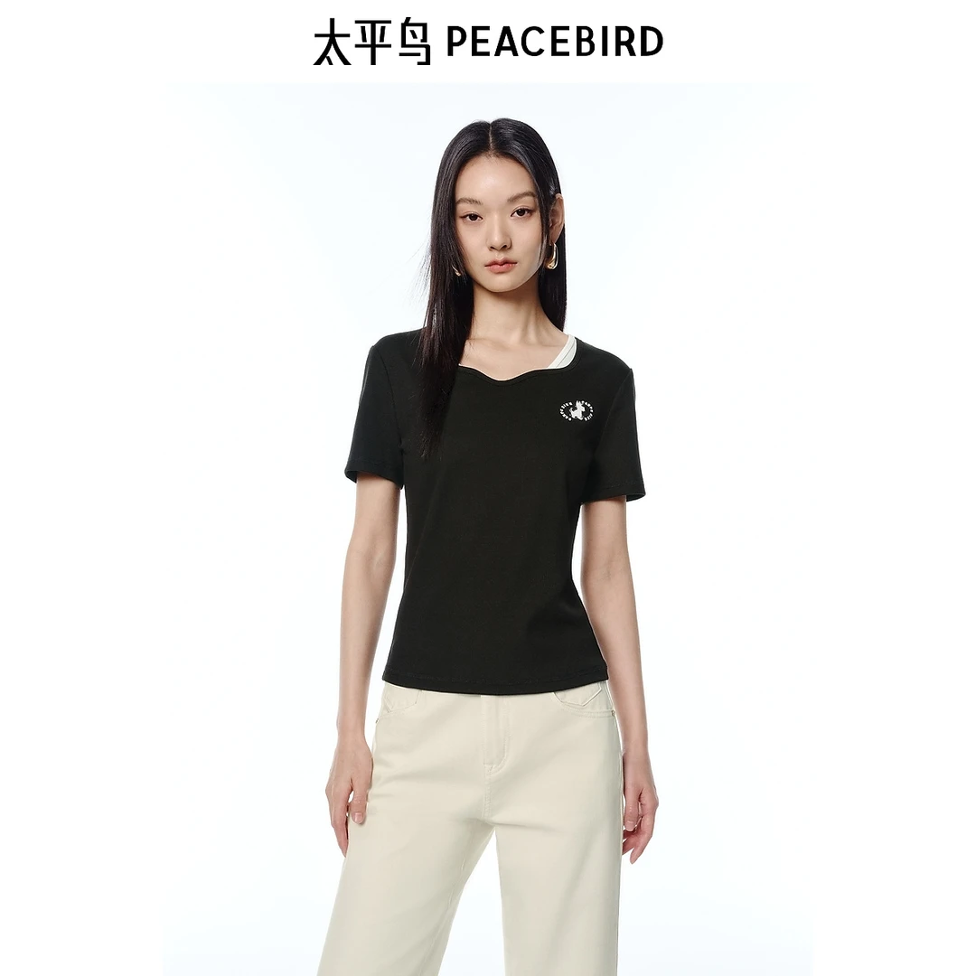 【丽公主专属】太平鸟水滴领假两件撞色萌趣小狗短袖T恤ABCNF240L