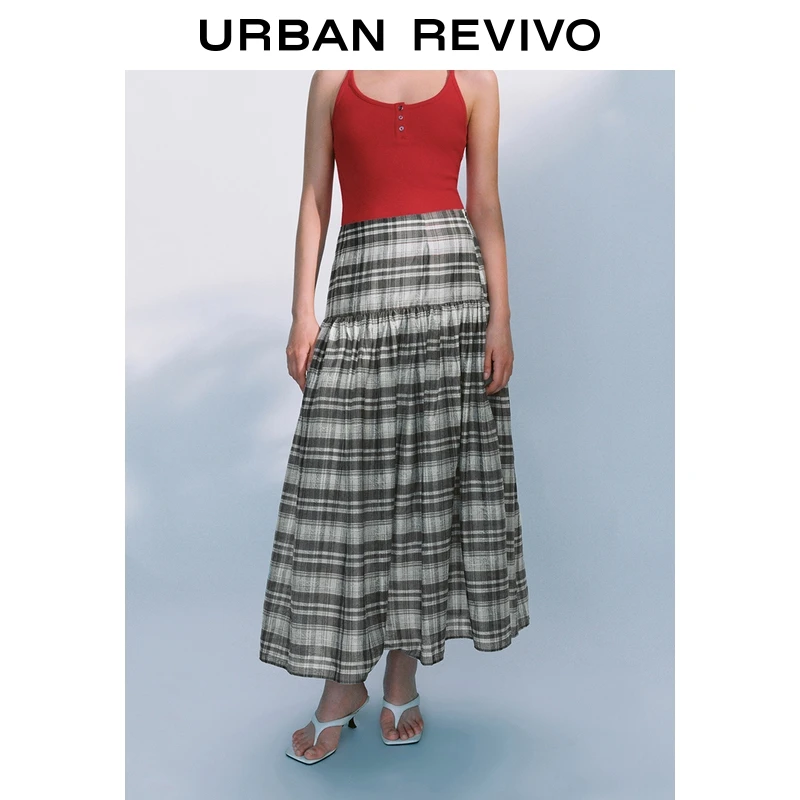 UR2025秋季新款女装休闲撞色格纹图案A字半裙UWG550095