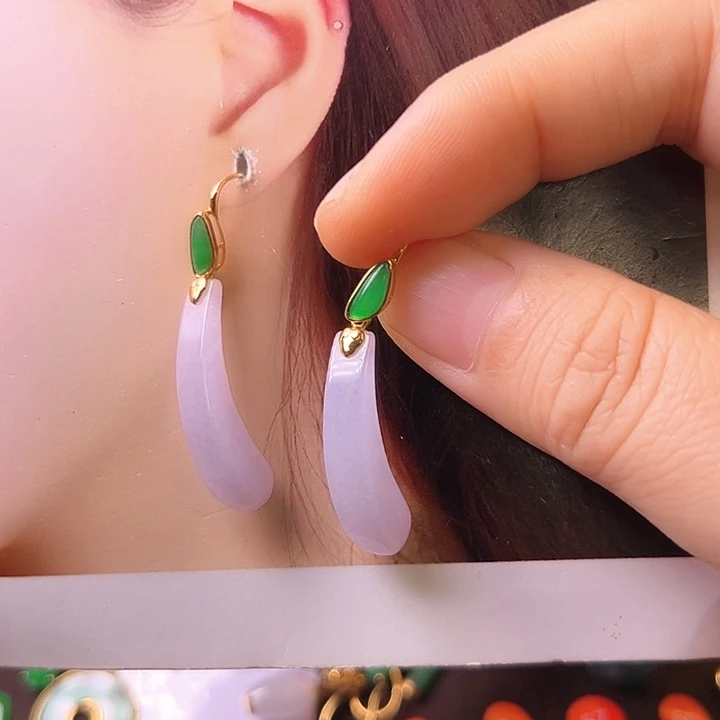 清***浅翡翠18K金镶嵌耳饰耳坠