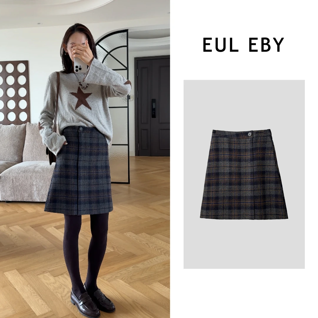 EUL EBY韩系复古羊毛呢格纹A字直筒短裙秋冬高腰显瘦半身裙251525
