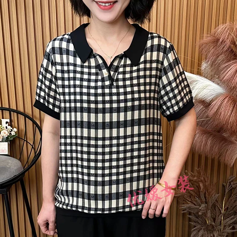 洋气妈妈装夏季时尚格子翻领宽松显瘦休闲百搭中老年女装短袖上衣