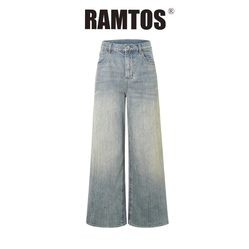 RAMTOS脏脏复古阔腿牛仔裤女蓝色直筒裤女士中腰百搭休闲