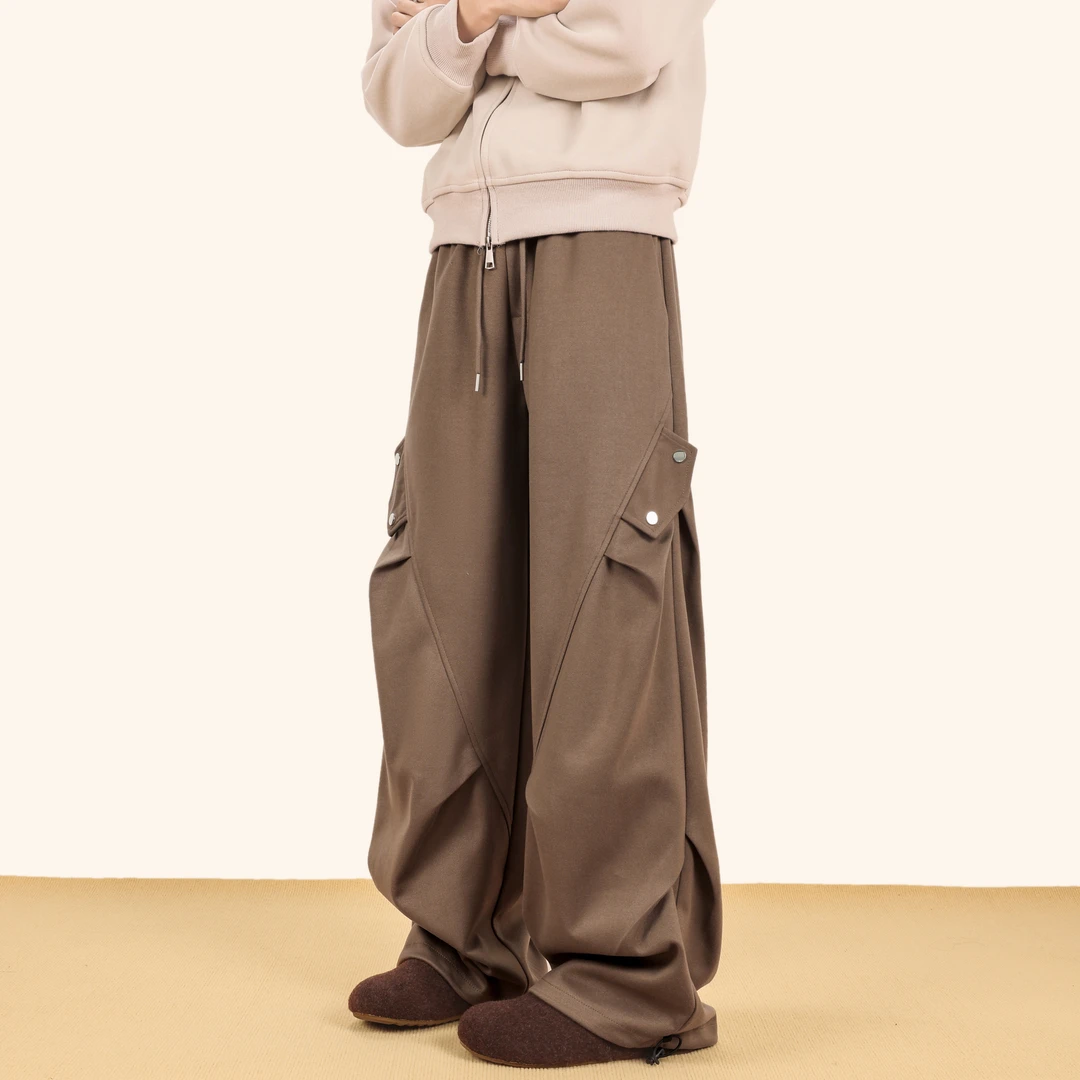 美式褶皱工装伞兵裤男冬季高街阔腿休闲长裤潮牌复古直筒拖地裤子