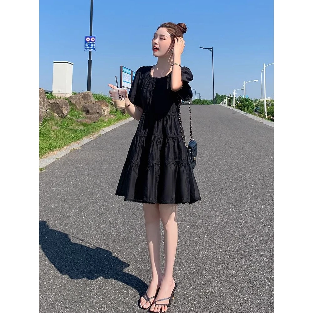 【清仓】法式高级感连衣裙2024夏季小个子中长款蕾丝拼接黑色收腰连