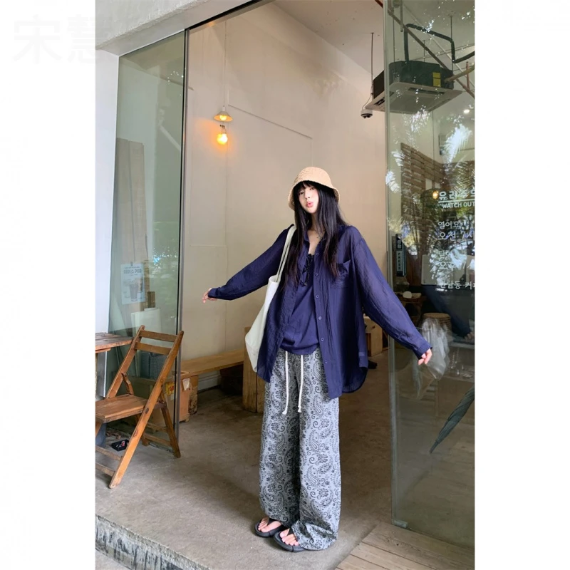 休闲套装慵懒polo领长袖衬衫外套吊带背心女夏季印花阔腿裤三件套
