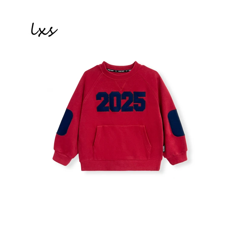 鹿小生童装春秋红色年货款韩版百搭2025刺绣男童长袖圆领卫衣Q506
