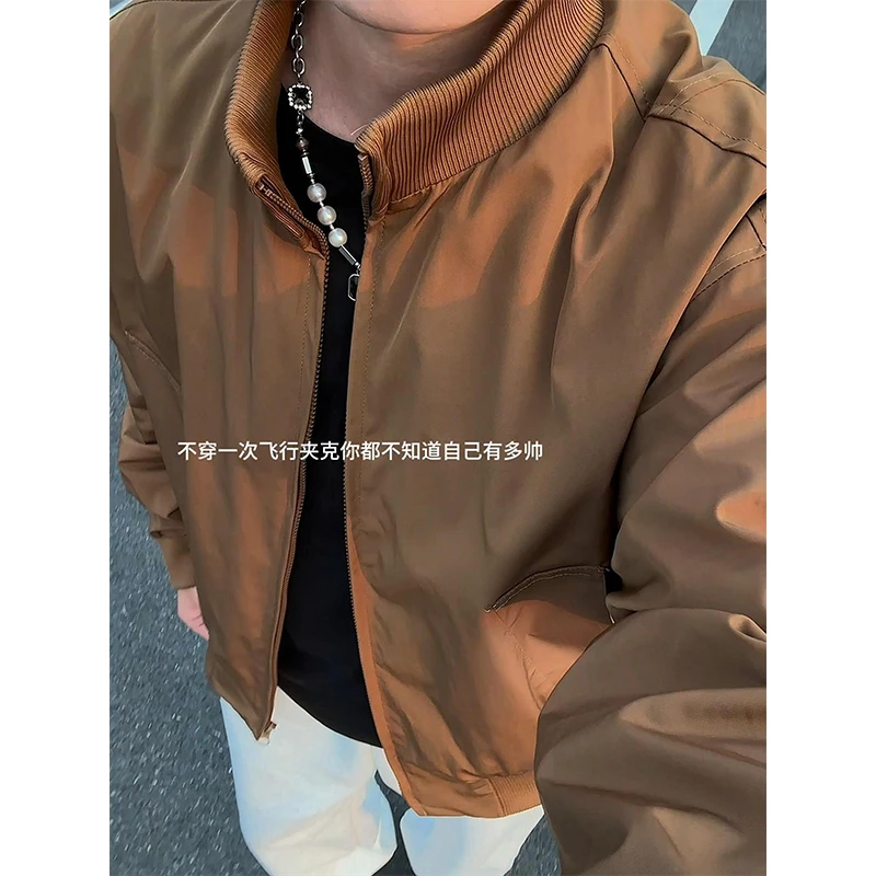 美式立领夹克外套男士春秋款短款廓形卡其色飞行员cleanfit上衣服