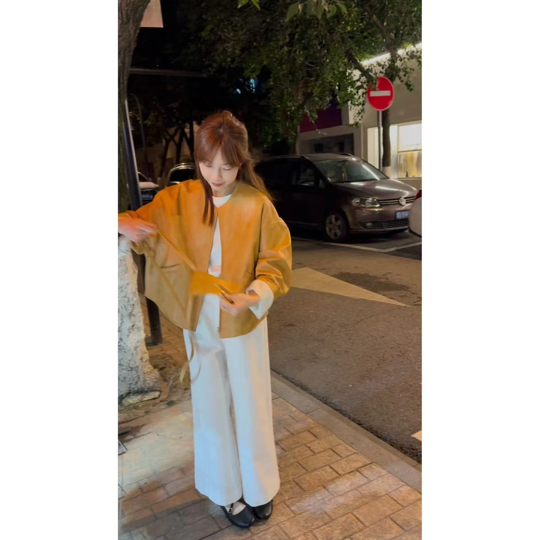 QiongQiong自留款！高级感圆领蛋白皮拉链款带包包短款皮衣外套